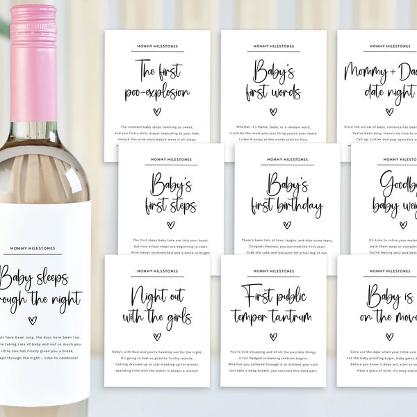 Mommy Milestones Wine Champagne Bottle Labels, Modern New NewBorn Baby Shower Bridal Gift First Time Parents Gift Basket Stickers, Printed