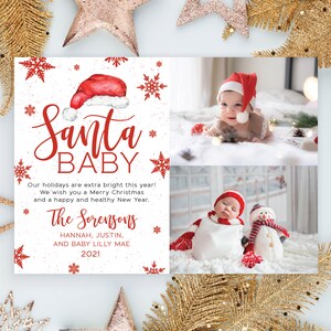 Santa Baby, New Baby Announcement 2021 Holiday Family Christmas New Year Card Red Snowflakes Photo Collage |  Digital or Printed Cards (709)