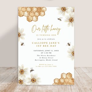 First 1st Bee-day Bee Birthday Party Invite Invitation Party Honey Honeycomb Daisy Floral Buzz | Digital or Printed Cards with Envelopes