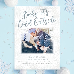 Baby it's Cold Outside Christmas Holiday card with Photo, Family Card, Greeting Card Simple Snowflakes Blue | Digital or Printed Cards (304)