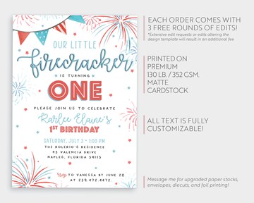 Our Little Firecracker is turning One, 1st Birthday 4th of July Patriotic Fireworks Red Blue Party Invite Invitation | Digital or Printed