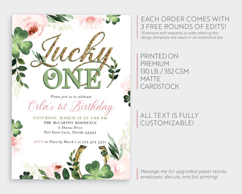 Patricks Day Birthday Time Capsule Gold First 1st Invite Lucky ONE First Birthday Invitation Pink Floral Girl St Digital or Printed Cards