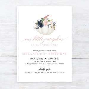 Our Little Pumpkin is Turning One Any Age Fall Autumn Pink Floral Girl First 1st Birthday Party Invite Invitation | Digital or Printed Cards