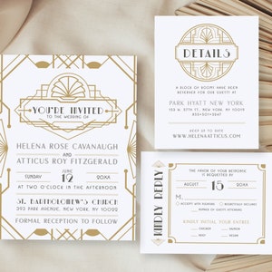 Art Deco Wedding Great Gatsby Invitation Reply Details Card Wedding Suite Set, Champagne Gold 20's with envelopes | Digital or Printed Cards