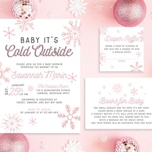 Baby it's Cold Outside Boy or Girl Baby Shower Invitation Set Winter Snowflakes Snow Holiday Pink Silver Diaper Book | Digital Printed Cards