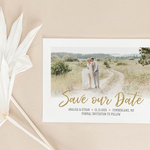 Save the Date Card with Photo Gold Simple Timeless Wedding Announcement Engagement Modern Minimal | Digital or Printed Cards (767)