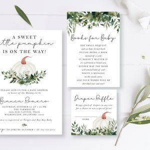A Little Pumpkin is on the Way Fall Autumn Boy or Girl Baby Shower Invitation Set Simple Rustic Boho Diaper Book Card Digital Printed Cards