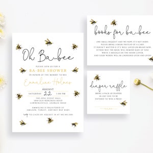 Oh Babee Mommy to Bee Baby Shower Invitation Set Simple Honeycomb Honey Buzz Gold Diaper Book Card | Digital or Printed Cards with envelopes