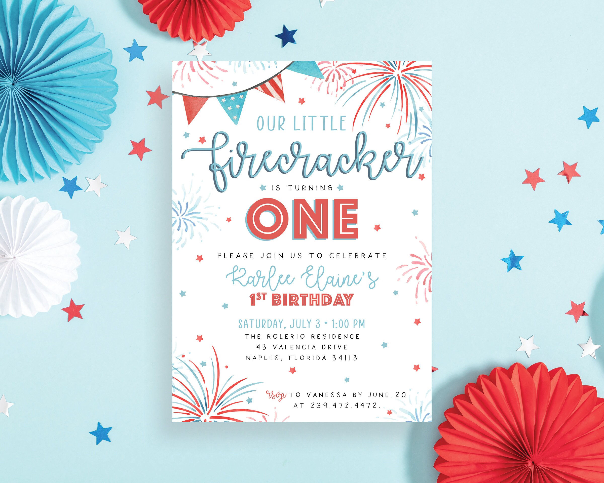 Our Little Firecracker is turning One, 1st Birthday 4th of July Patriotic Fireworks Red Blue Party Invite Invitation | Digital or Printed