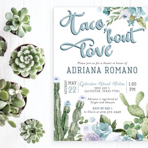 Taco 'Bout Love Bridal Shower Invitation Invite Cactus Succulents Fiesta Floral Greenery Advice Recipe Set Digital Printed Cards envelopes