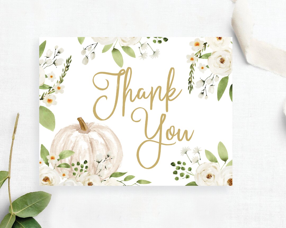 Greenery and Gold Cream Pumpkin Cream Ivory White Flat or Folded Thank ...