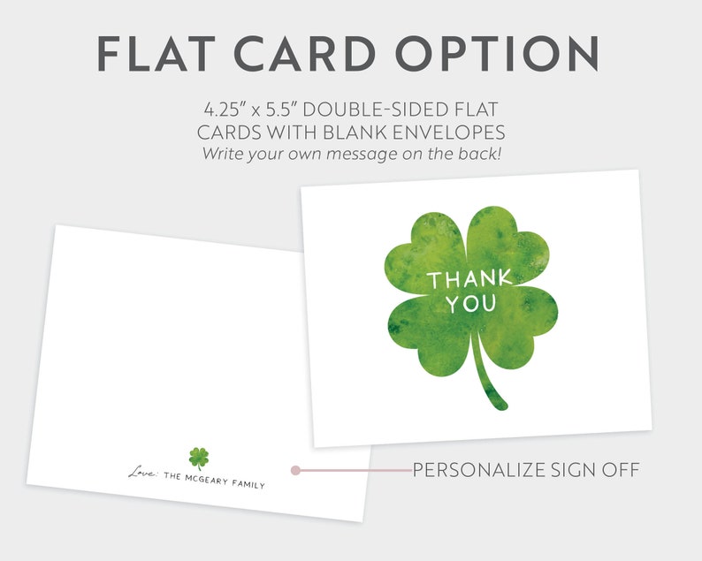 St. Patricks Day Shamrock March Green Simple Clover Flat or Folded Thank You Cards Girl Boy Bridal Baby Birthday Shower Digital or Printed image 4