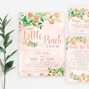 A Sweet Little Peach is on the Way Baby Shower Invitation Set Greenery Peaches Diaper Book Card | Digital or Printed Cards with envelopes