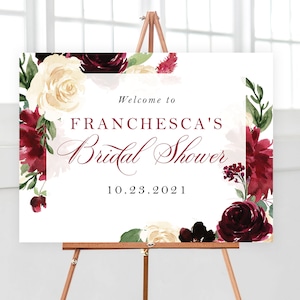 Burgundy Gold Floral Welcome Sign Large Sign, Wedding Bridal Baby Shower, Boho Baby Girl Marsala Red Wine Greenery Fall| Digital or Printed