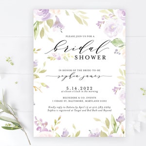 Lavender Greenery Floral Bridal Shower Invitation Set Purple Romantic Boho Advice Recipe FLO-135 | Digital or Printed Cards with envelopes