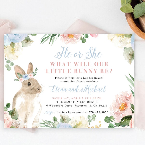 He or She What will our Little Bunny Be Easter Gender Reveal Invitation Invite Spring Floral Greenery | Digital or Printed Cards envelopes
