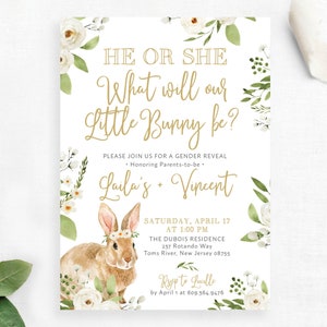 He or She What will our Little Bunny Be Easter Greenery Gold Boho Floral Gender Reveal Invitation Invite Spring | Digital or Printed Cards