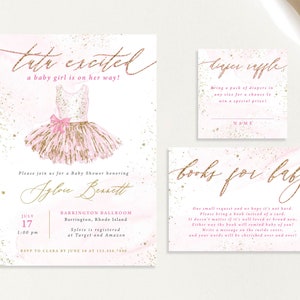 Tutu Excited Baby Girl Ballerina Ballet Dancer Shower Invitation Set Baby Girl Pink Glitter Gold Diaper Book Card Set | Digital or Printed