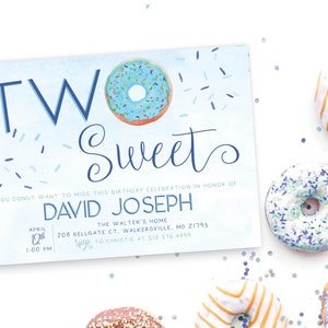 Two Sweet Too Sweet Donut 2nd Birthday Invitation Blue Boy Set | Digital or Printed Cards with envelopes