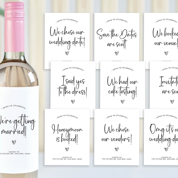 Bride Wedding Planning Milestones Wine Champagne Bottle Labels Modern Engagement Bridal Shower Gift, Marriage Gift Basket Stickers, Printed