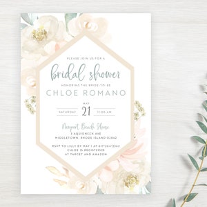 Blush Feminine Florals  Bridal Shower Invitation Set Greenery Romantic Boho Advice Recipe FLO-140 | Digital or Printed Cards with envelopes
