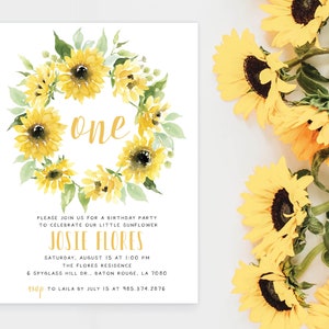 Sunflower One First 1st Birthday Party Invite Invitation Greenery Floral Wreath Yellow Spring Summer | Digital or Printed Cards Envelopes
