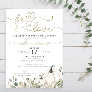 Fall in Love Autumn Pumpkin Greenery Floral Bridal Shower Invitation Invite Gold Boho Rustic Advice Recipe Set | Digital or Printed Cards