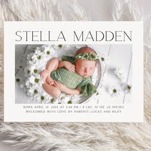 New Baby Birth Photo Announcement, Newborn Baby Stats Thank You Card, Modern Minimalist Simple, Boy or Girl | Digital or Printed Cards (817)