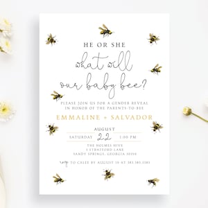 He or She What will Baby Bee? Gender Reveal Invitation, Simple Modern Honey Greenery Floral Bee Buzz Digital or Printed Cards with envelopes