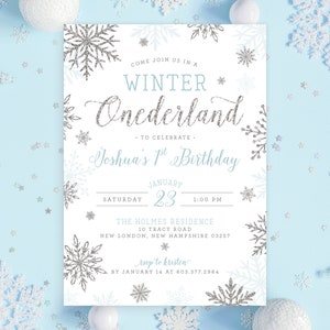 Winter Onederland Wonderland One Any Age Winter Snow Snowflakes Blue Boy Girl First 1st Birthday Party Invite Invitation Digital or Printed