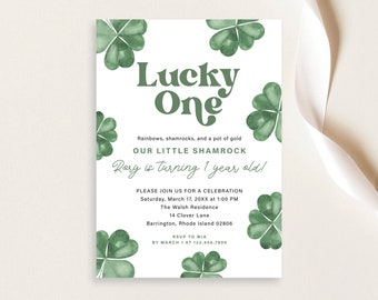 Lucky ONE First Birthday Invitation St. Patricks Day Birthday March Time Capsule Shamrocks Gold First 1st Invite | Digital or Printed Cards