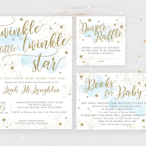 Twinkle Twinkle Little Star Boy Baby Shower Invitation Set Glitter Stars Clouds Diaper Book Card | Digital or Printed Cards with envelopes