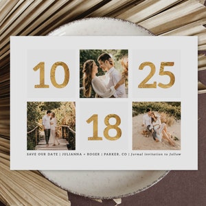 Gold Date Photo Collage Blocks Save the Date Card Simple Wedding Announcement Engagement Modern Minimal |  Digital or Printed Cards (768)