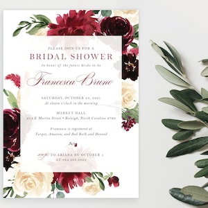 Burgundy Gold Floral Bridal Shower Invitation Invite Moody Burgundy Boho Roses Advice Recipe Set Elegant Digital or Printed Cards envelopes