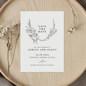 Dainty Floral Wreath Save the Date Card Simple Timeless Wedding Announcement Engagement Modern Minimal | Digital or Printed Cards (757)