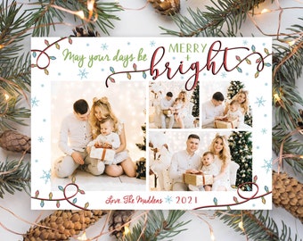 May Your Days be Merry and Bright 2021 Holiday Christmas New Year Card, Colorful Lights Photo Collage | Digital or Printed Cards (681)