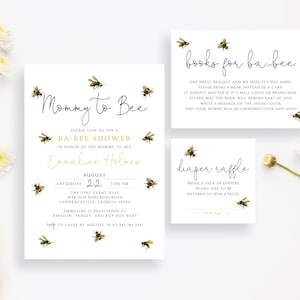 Mommy to Bee Baby Oh Babee Shower Invitation Set Simple Honeycomb Honey Buzz Gold Diaper Book Card | Digital or Printed Cards with envelopes