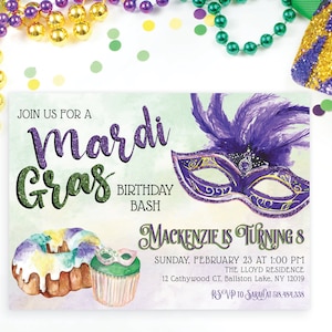 Mardi Gras Birthday Bash Party Invite Invitation Any Age Purple Green Yellow Masquerade King Cake Beads | Digital or Printed Cards Envelopes