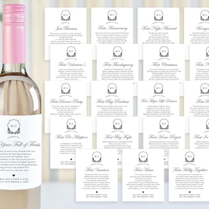Kamienie milowe ślubu Etykiety na wino i szampana, nowoczesny prezent ślubny na prysznic, pierwsza rocznica ślubu, kosz prezentowy na zaręczyny, wydrukowany