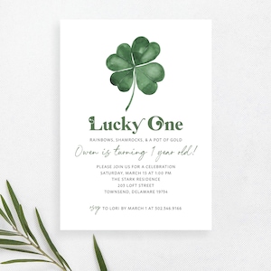 Lucky ONE First Birthday Invitation Modern Girl St. Patricks Day Birthday Time Capsule Simple First 1st Invite | Digital or Printed Cards