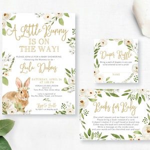 Greenery White Gold Cream Floral Boho Spring Summer Baby Shower Invitation Set Easter Rabbit Baby Girl Diaper Book Card | Digital or Printed