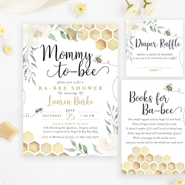 Mommy to Bee Baby Shower Invitation Set Greenery Floral Honeycomb Honey Buzz Gold Diaper Book Card | Digital or Printed Cards with envelopes