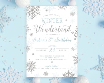 Winter Wonderland One Any Age Winter Snow Snowflakes Blue Boy Girl First 1st Birthday Party Invite Invitation Christmas | Digital or Printed