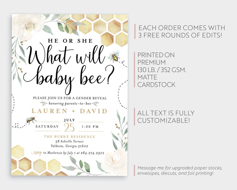 He Or She What Will Baby Bee Honey Honeycomb Greenery Floral Bee Buzz Digital Or Printed Cards With Envelopes Gender Reveal Invitation Paper Party Supplies Invitations Announcements Delage Com Br