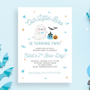 Our Little Boo is 2 Blue Pastel Halloween Spooktacular Girl or Boy 2nd Birthday Party Blue Orange Fall Autumn | Digital or Printed Cards