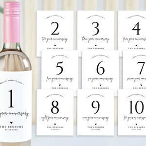Mijlpalen bruiloft wijn-champagneflesetiketten, modern huwelijksfeest bruidscadeau eerste verjaardag getrouwd verlovingscadeau mand, bedrukt