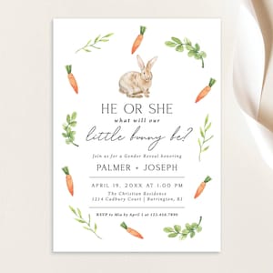 He or She What will our Little Bunny Be Easter Gender Reveal Invitation Invite Spring Greenery Neutral Simple | Digital or Printed Cards