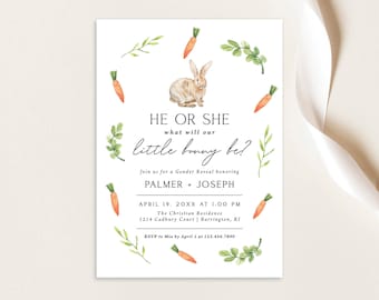 He or She What will our Little Bunny Be Easter Gender Reveal Invitation Invite Spring Greenery Neutral Simple | Digital or Printed Cards