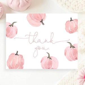 Fall Autumn Aqua Pink Pumpkins Flat or Folded Thank You Cards, Simple Minimal Modern Bridal Baby Shower Boy Girl | Digital or Printed cards