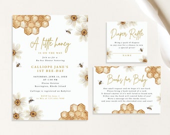 Little Honey Mommy to Bee Baby Shower Invitation Daisy Floral Honeycomb Honey Diaper Book Card | Digital or Printed Cards with envelopes